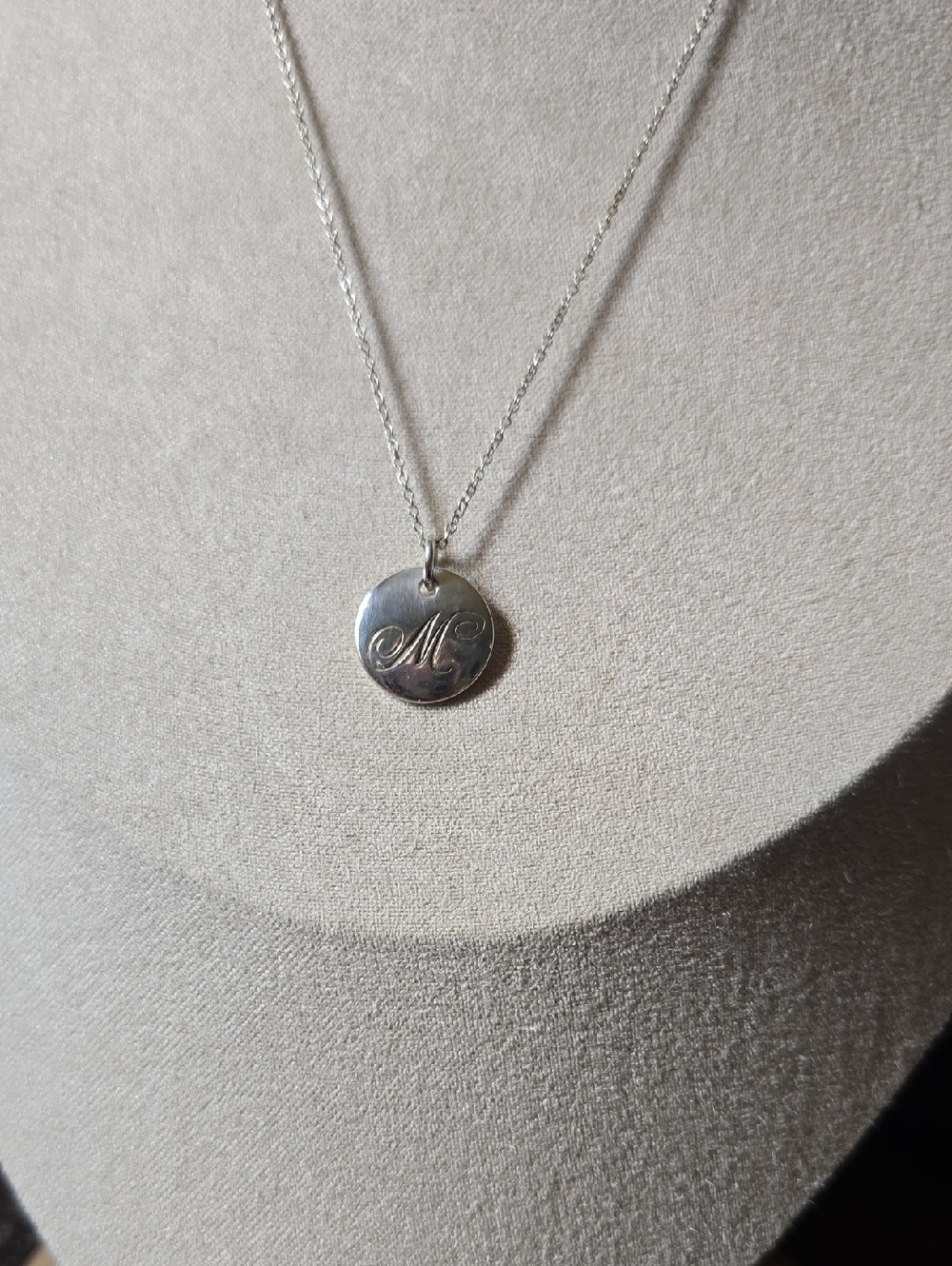 Tiffany & Co. Sterling Silver 'M' Initial Disc Necklace - Silver Dainty Luxury